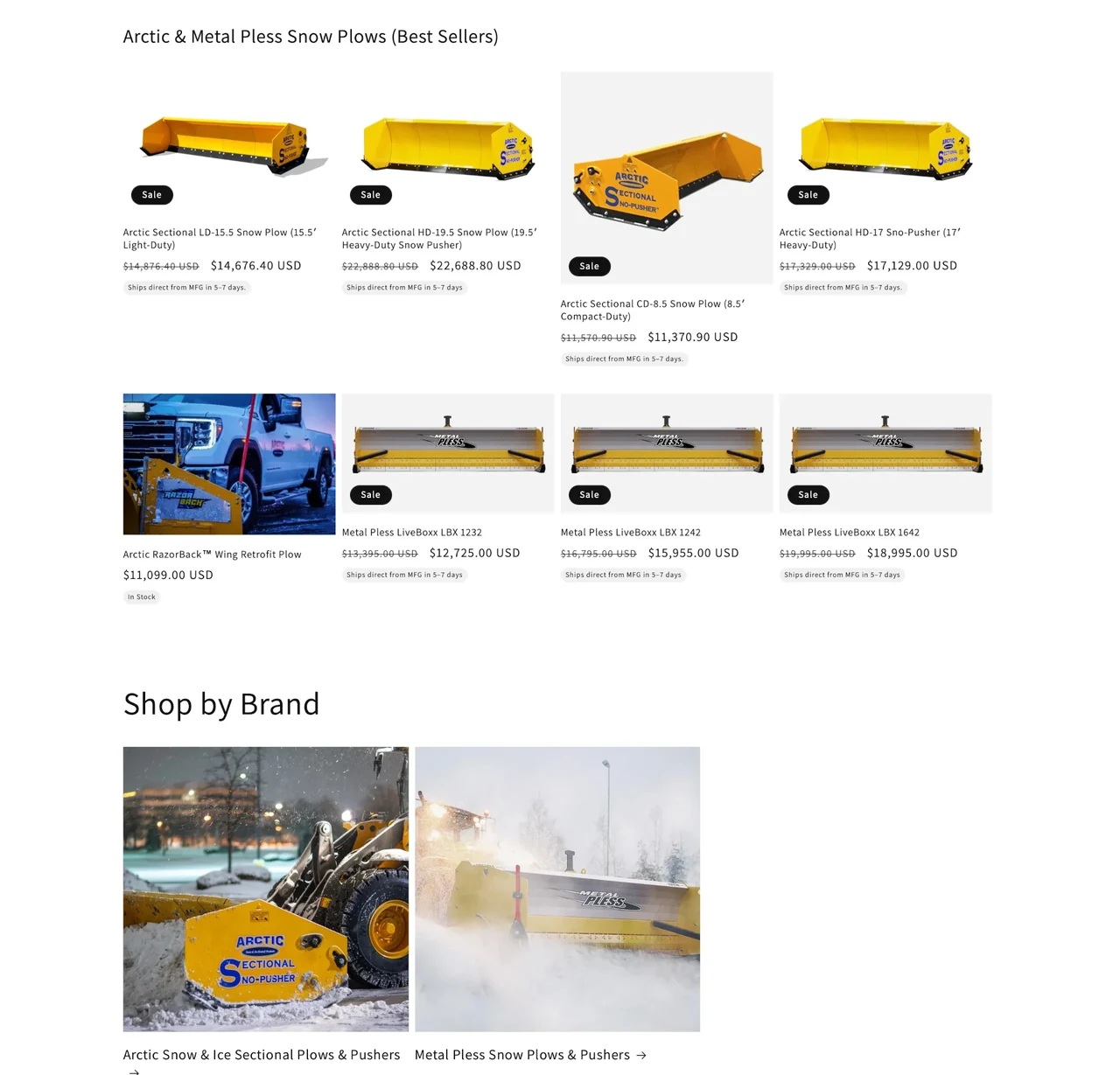 Best Sellers grid on Great Plows Shopify site featuring Arctic Sectional and Metal Pless LiveBoxx products with availability tags.